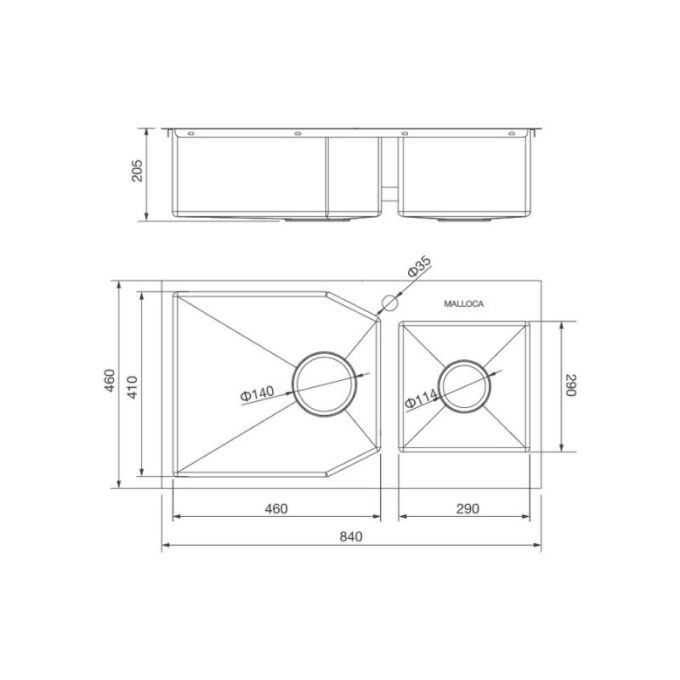 Kích thước chậu rửa bát bán thủ công Malloca MS 610A