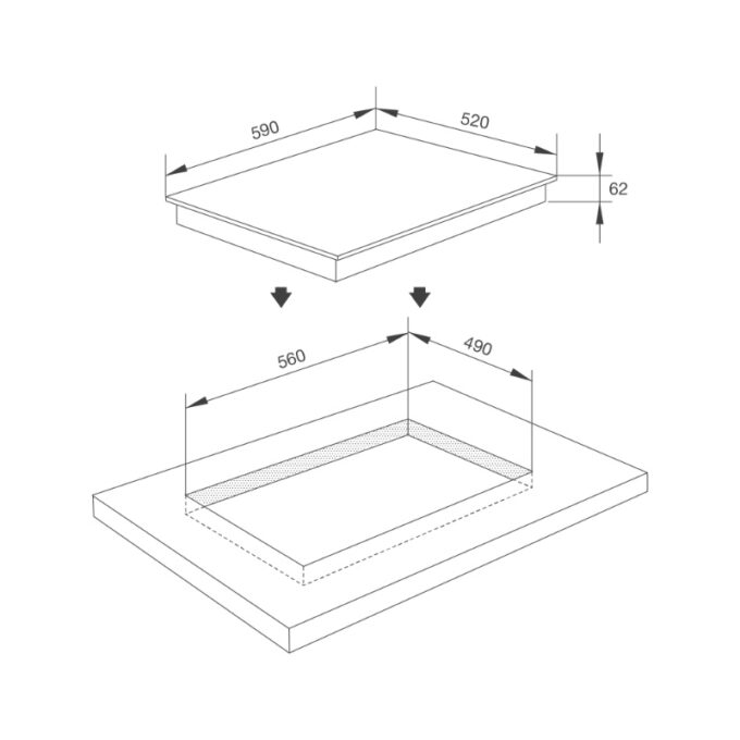 Kích thước Bếp kính âm 3 từ MI 593 FZ